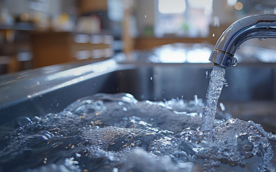 Hard water pouring out of a faucet