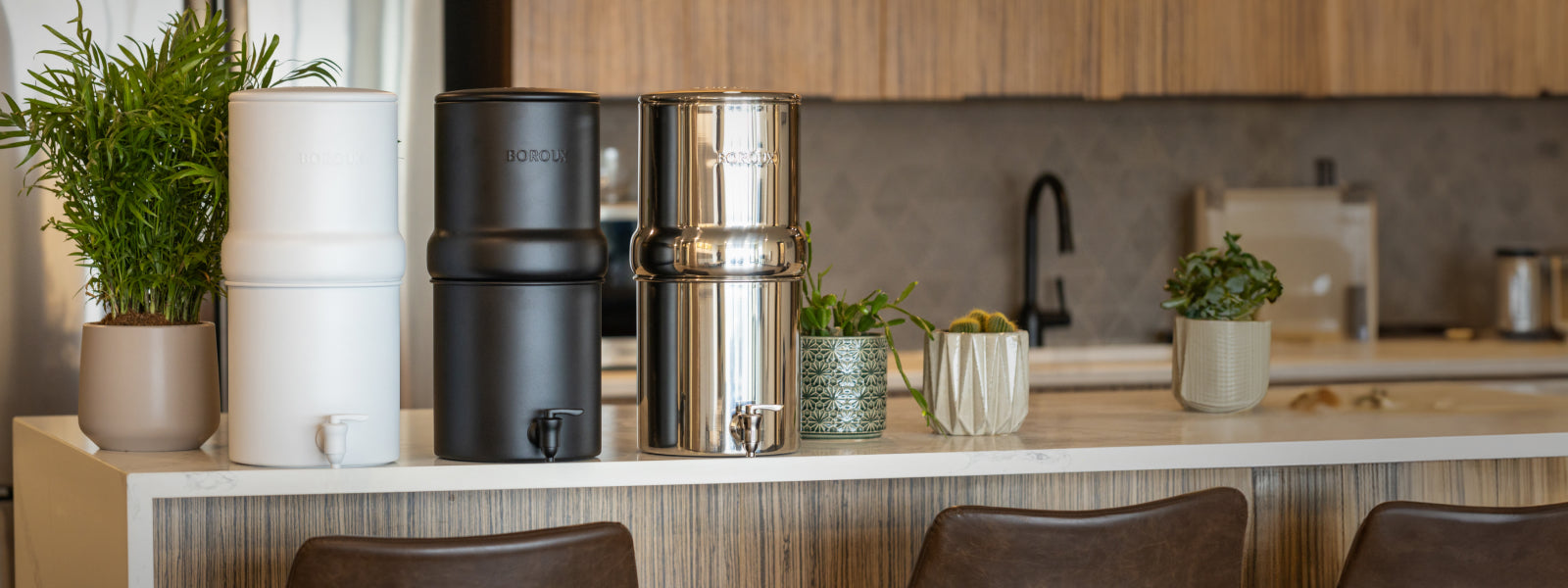 BOROUX legacy. compact water filtration systems on countertop in a beautiful kitchen