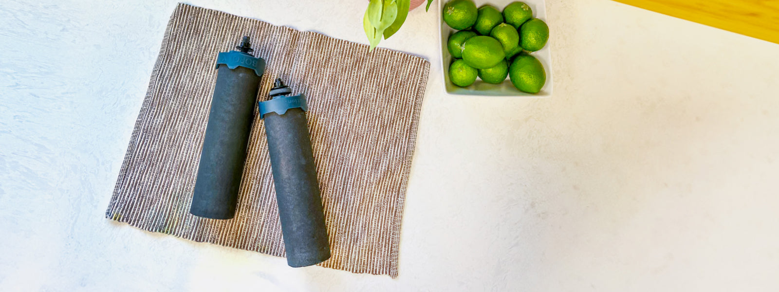 Two Boroux water filters sitting on white countertop 