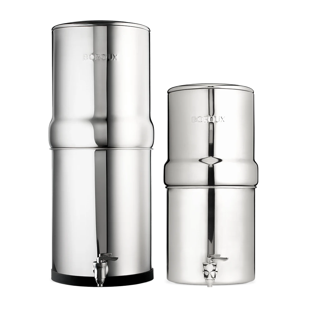 BOROUX water filtration systems in four finishes — Matte Black, Olive Green, White, and Stainless Steel