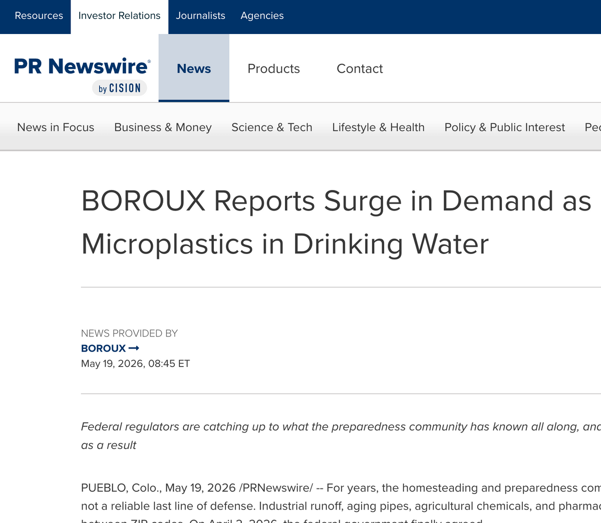 BOROUX Reports Surge in Demand as EPA Confirms Microplastics in Drinking Water